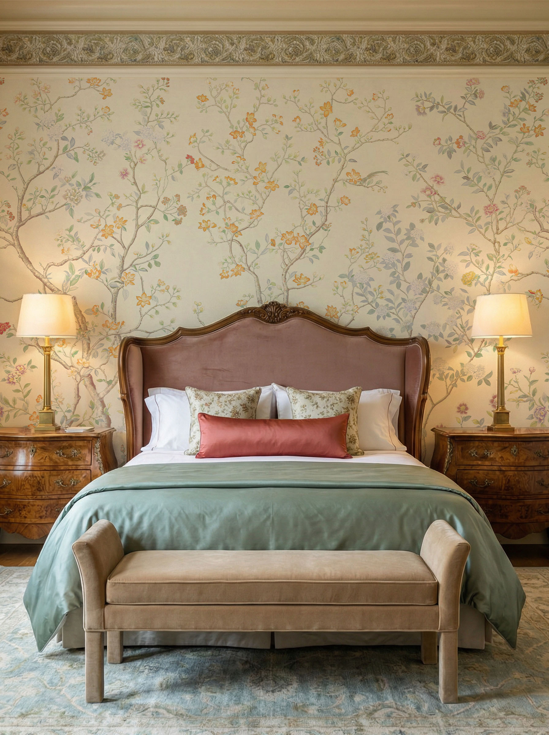 Musee | Heritage Bloom Wall Mural Classic Chinoiserie style wall mural by Musee featuring intricate flowering branches, peonies, and birds, luxury floral wallpaper Dubai.