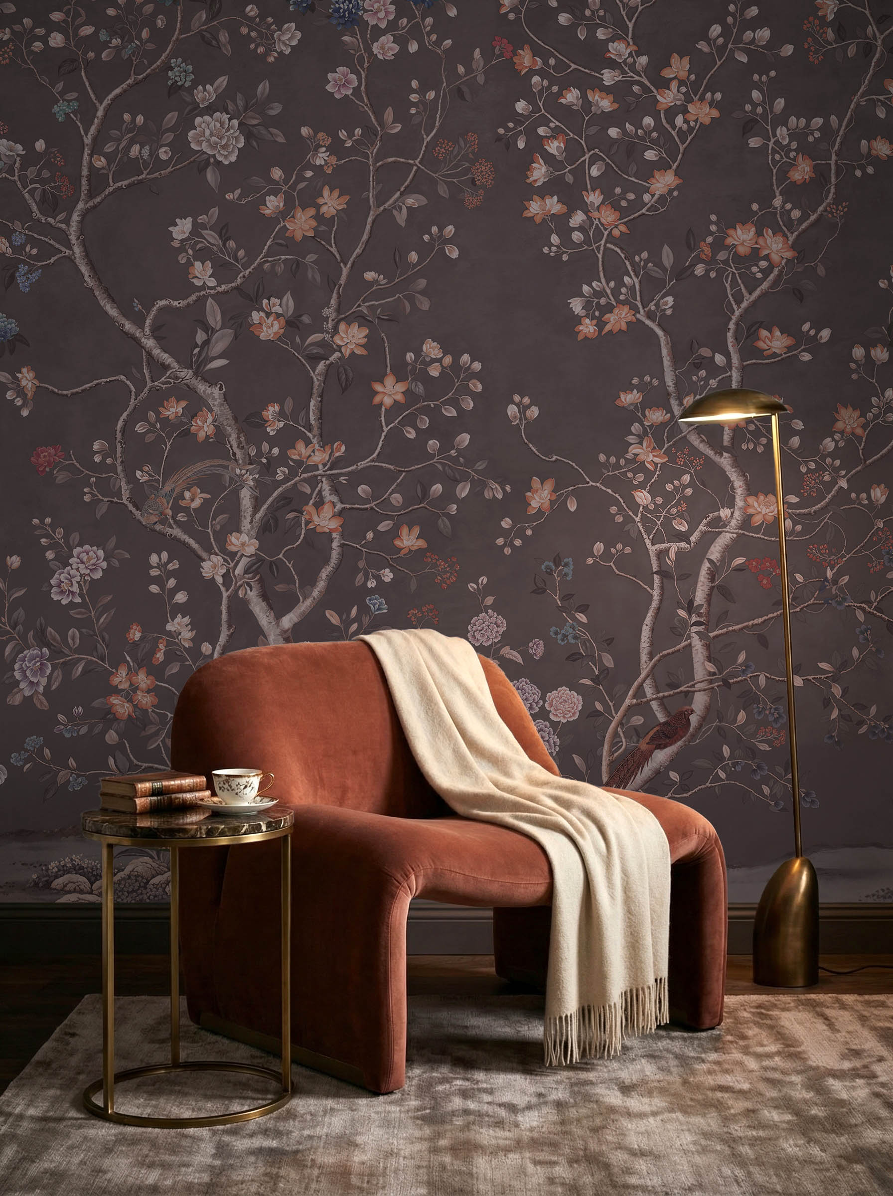 Musee | Heritage Bloom Wall Mural Classic Chinoiserie style wall mural by Musee featuring intricate flowering branches, peonies, and birds, luxury floral wallpaper Dubai.