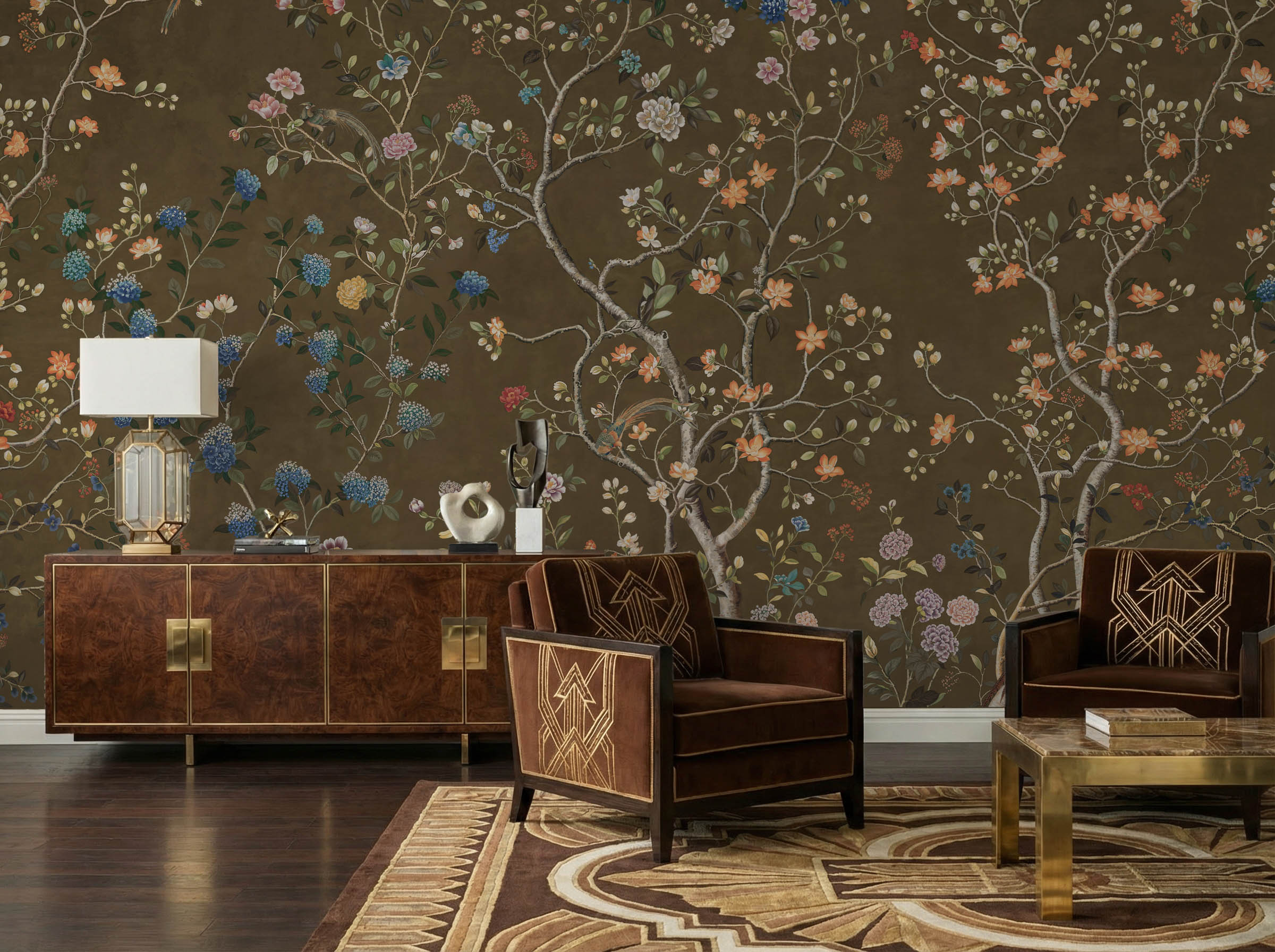 Musee | Heritage Bloom Wall Mural Classic Chinoiserie style wall mural by Musee featuring intricate flowering branches, peonies, and birds, luxury floral wallpaper Dubai.