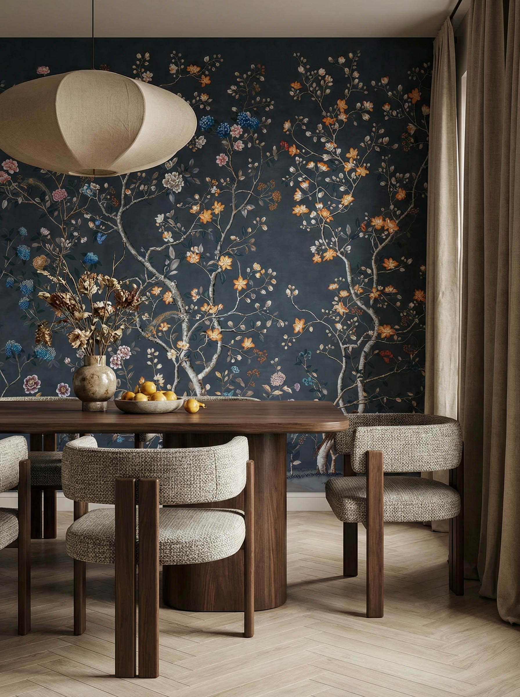 Musee | Heritage Bloom Wall Mural Classic Chinoiserie style wall mural by Musee featuring intricate flowering branches, peonies, and birds, luxury floral wallpaper Dubai.
