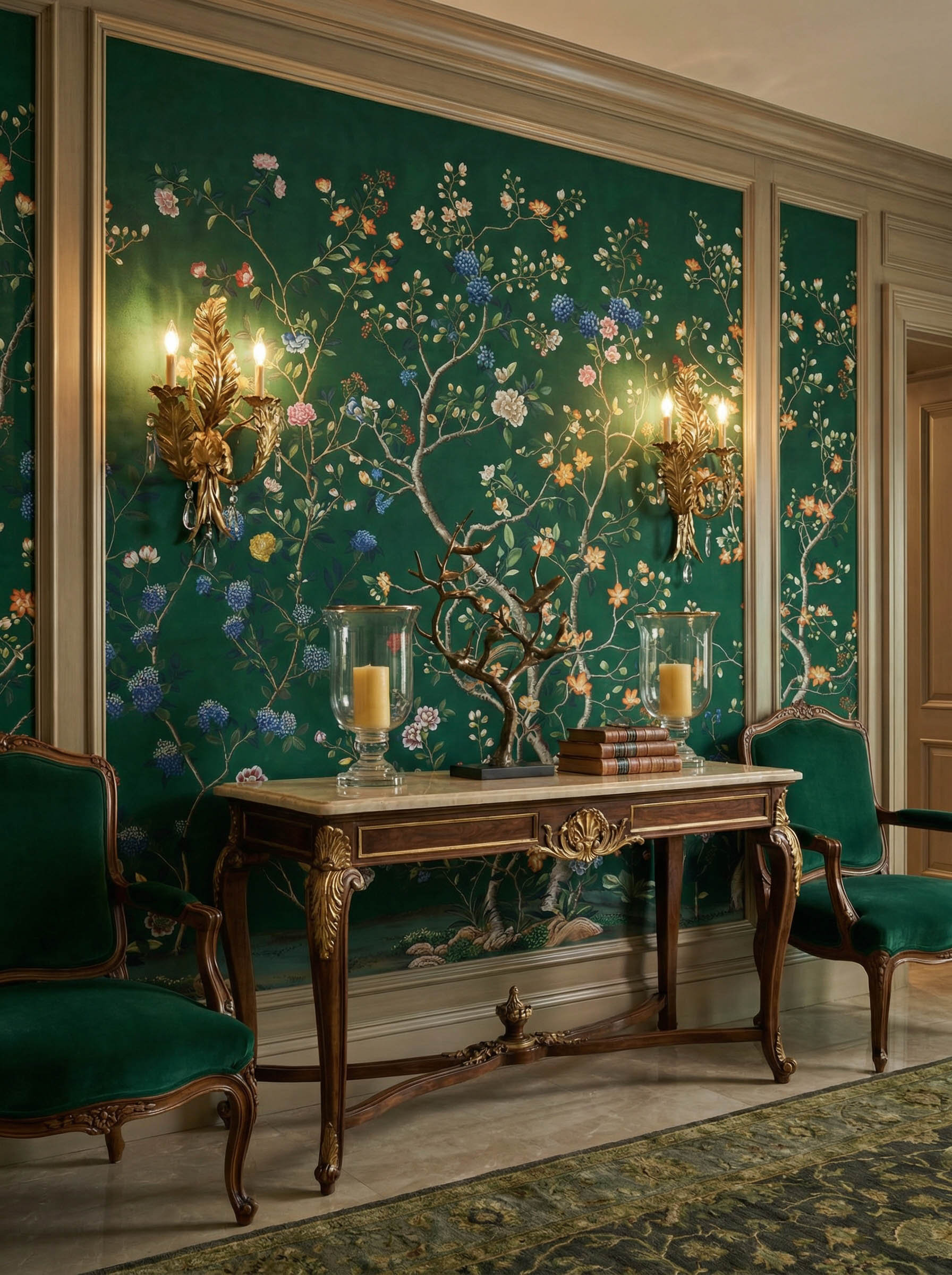 Musee | Heritage Bloom Wall Mural Classic Chinoiserie style wall mural by Musee featuring intricate flowering branches, peonies, and birds, luxury floral wallpaper Dubai.