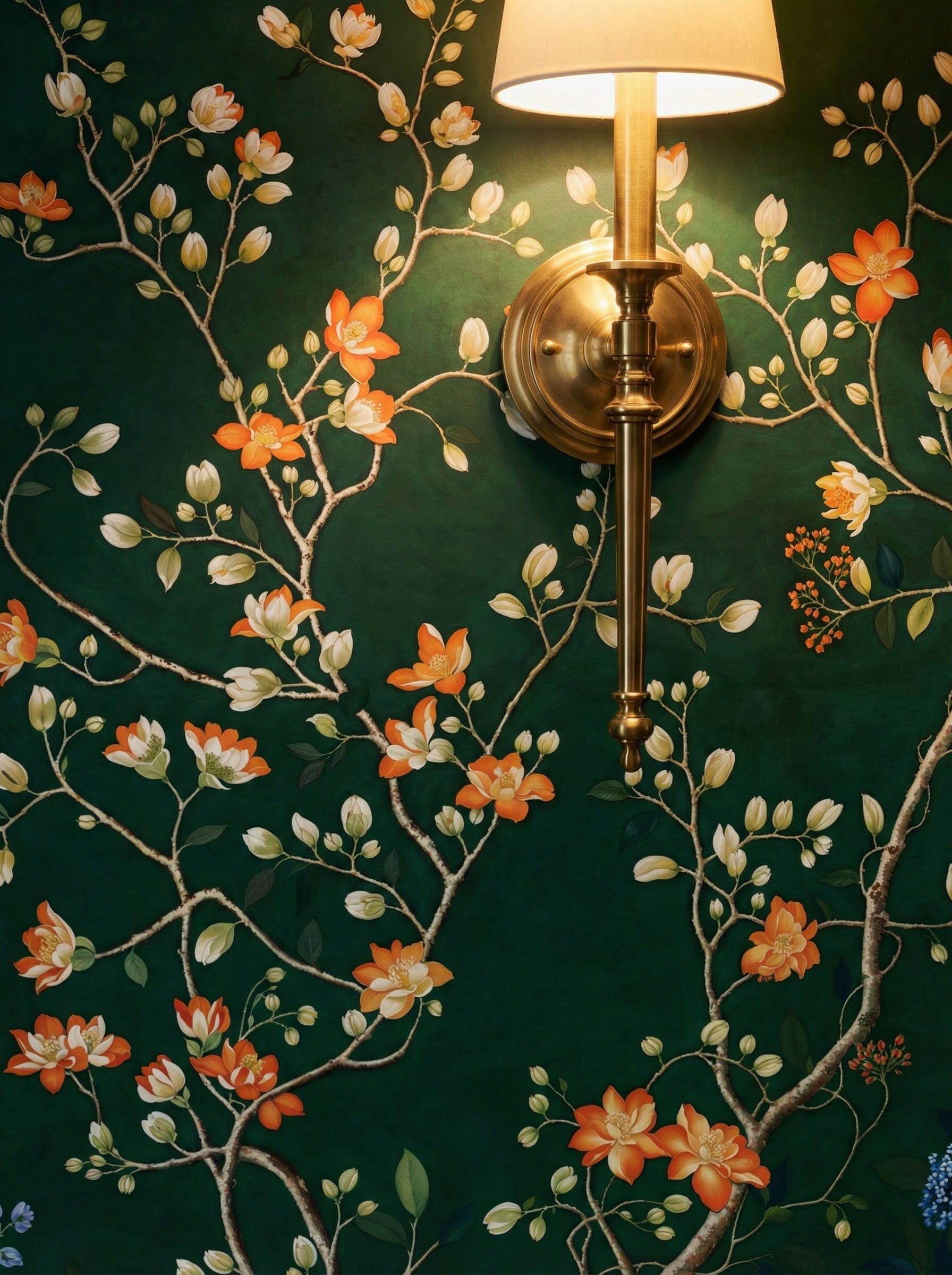 Musee | Heritage Bloom Wall Mural Classic Chinoiserie style wall mural by Musee featuring intricate flowering branches, peonies, and birds, luxury floral wallpaper Dubai.