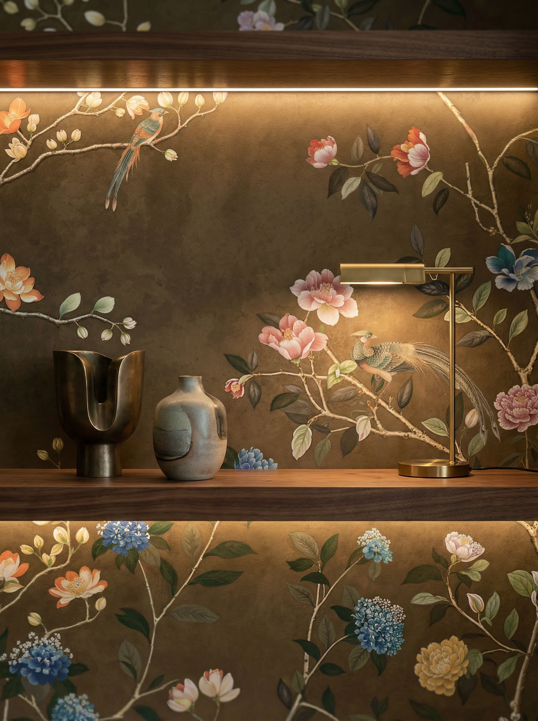 Musee | Heritage Bloom Wall Mural Classic Chinoiserie style wall mural by Musee featuring intricate flowering branches, peonies, and birds, luxury floral wallpaper Dubai.