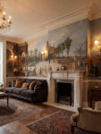 Musee custom wall mural featuring a digitally restored historical classical painting of an elegant dancing party in a Renaissance palace forecourt with a Capriccio view of Venice.