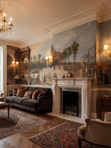 Musee custom wall mural featuring a digitally restored historical classical painting of an elegant dancing party in a Renaissance palace forecourt with a Capriccio view of Venice.