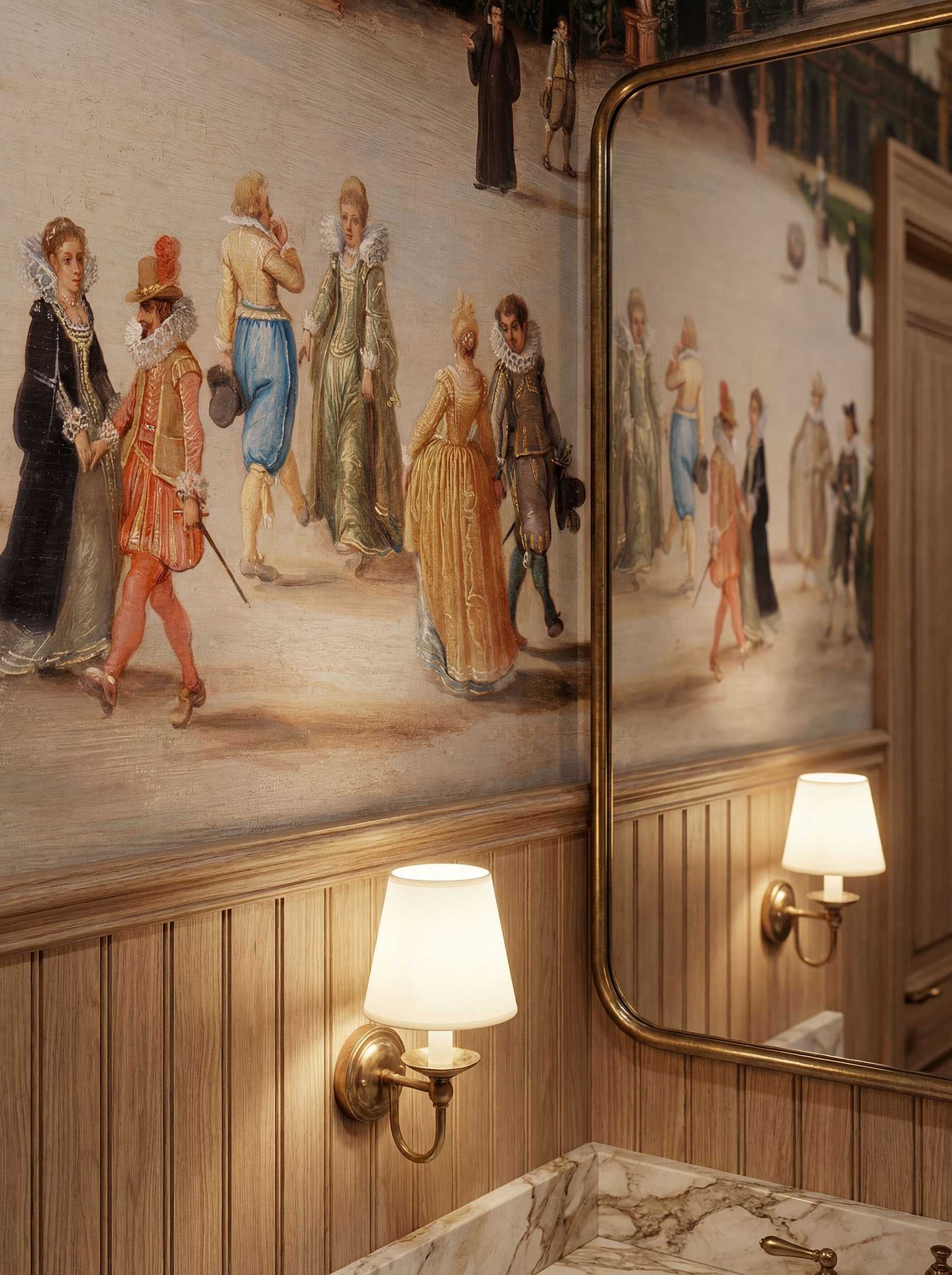 Musee | Venetian Soiree Wall Mural Musee custom wall mural featuring a digitally restored historical classical painting of an elegant dancing party in a Renaissance palace forecourt with a Capriccio view of Venice.