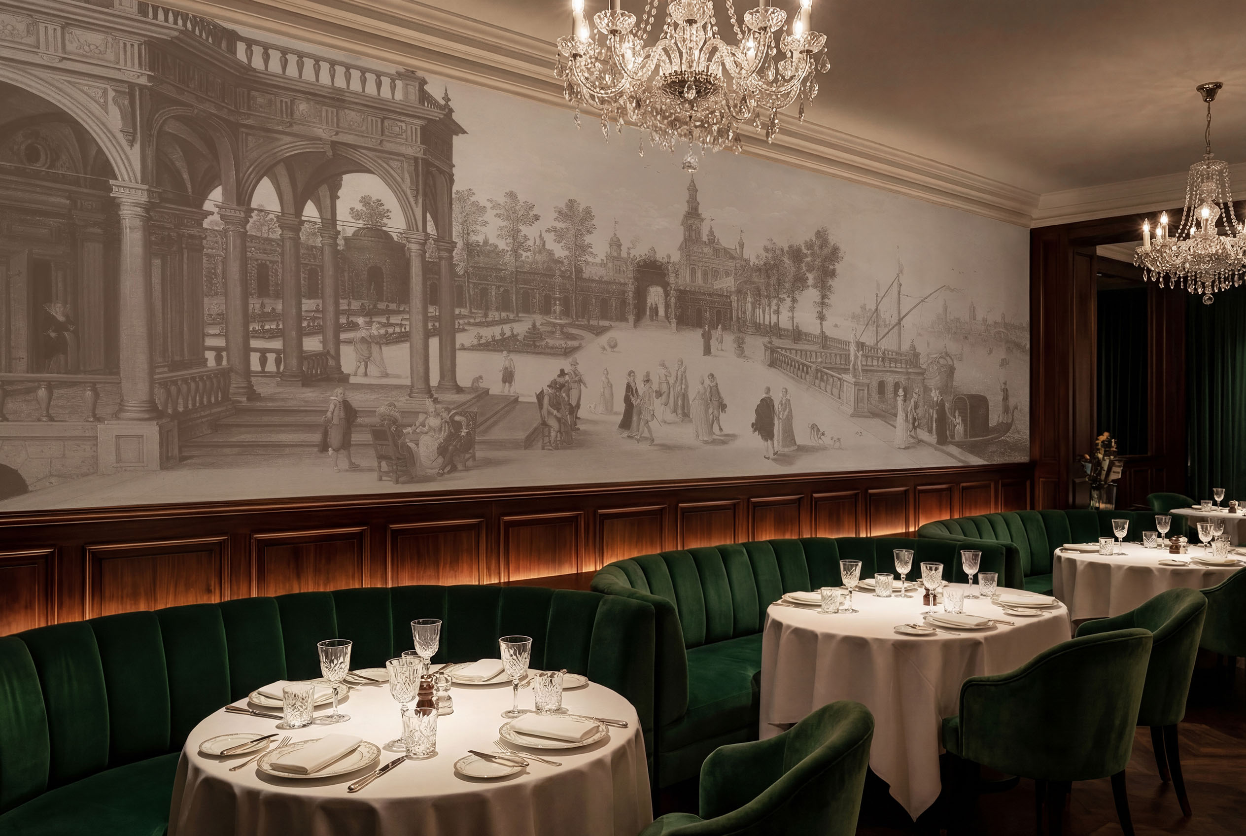 Musee | Venetian Soiree Wall Mural Musee custom wall mural featuring a digitally restored historical classical painting of an elegant dancing party in a Renaissance palace forecourt with a Capriccio view of Venice.