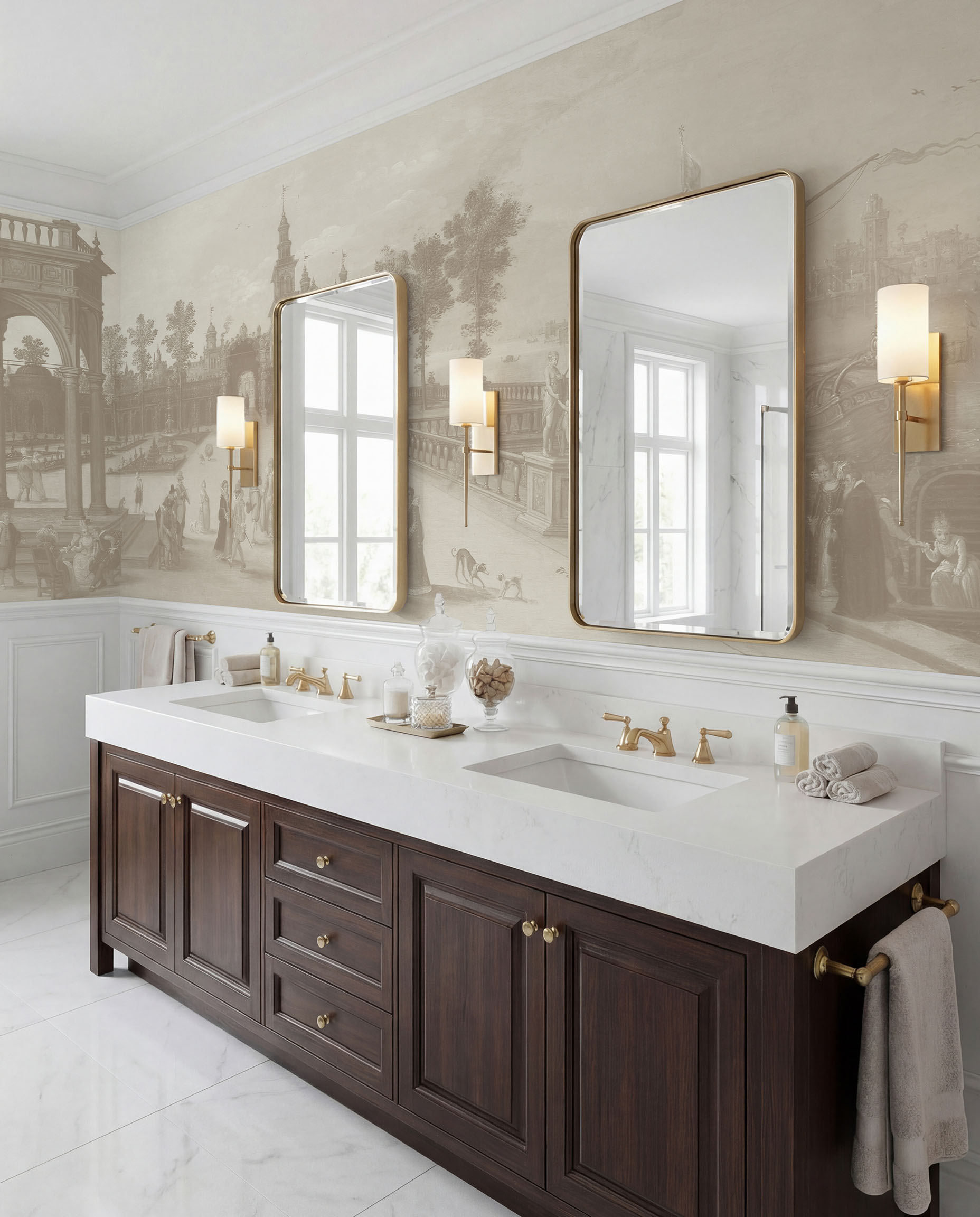 Musee | Venetian Soiree Wall Mural Musee custom wall mural featuring a digitally restored historical classical painting of an elegant dancing party in a Renaissance palace forecourt with a Capriccio view of Venice.