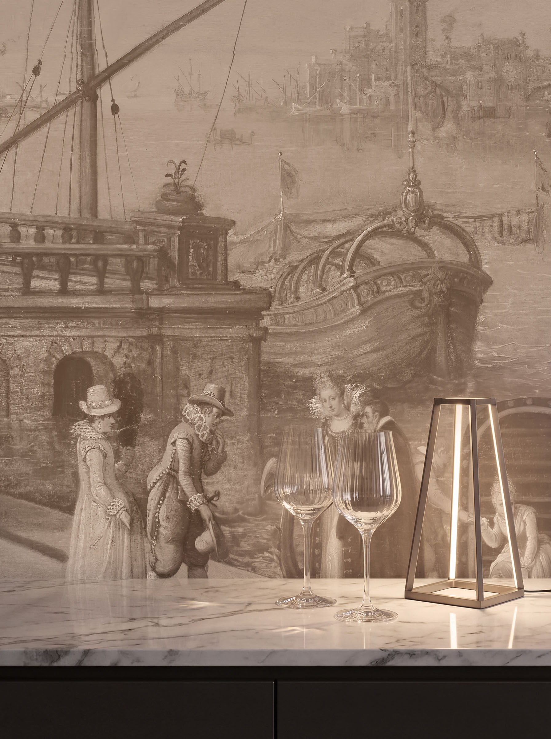 Musee | Venetian Soiree Wall Mural Musee custom wall mural featuring a digitally restored historical classical painting of an elegant dancing party in a Renaissance palace forecourt with a Capriccio view of Venice.