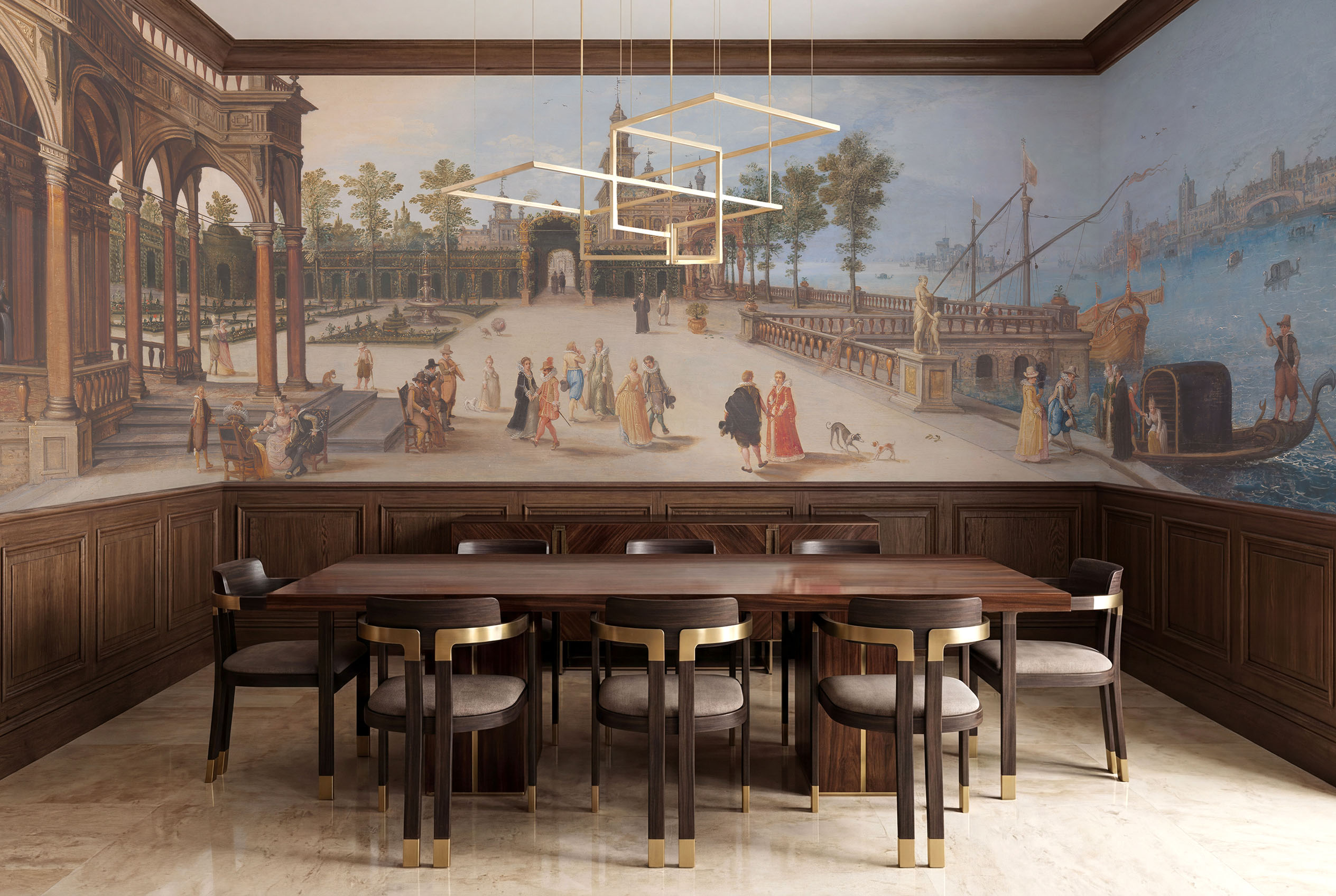 Musee | Venetian Soiree Wall Mural Musee custom wall mural featuring a digitally restored historical classical painting of an elegant dancing party in a Renaissance palace forecourt with a Capriccio view of Venice.