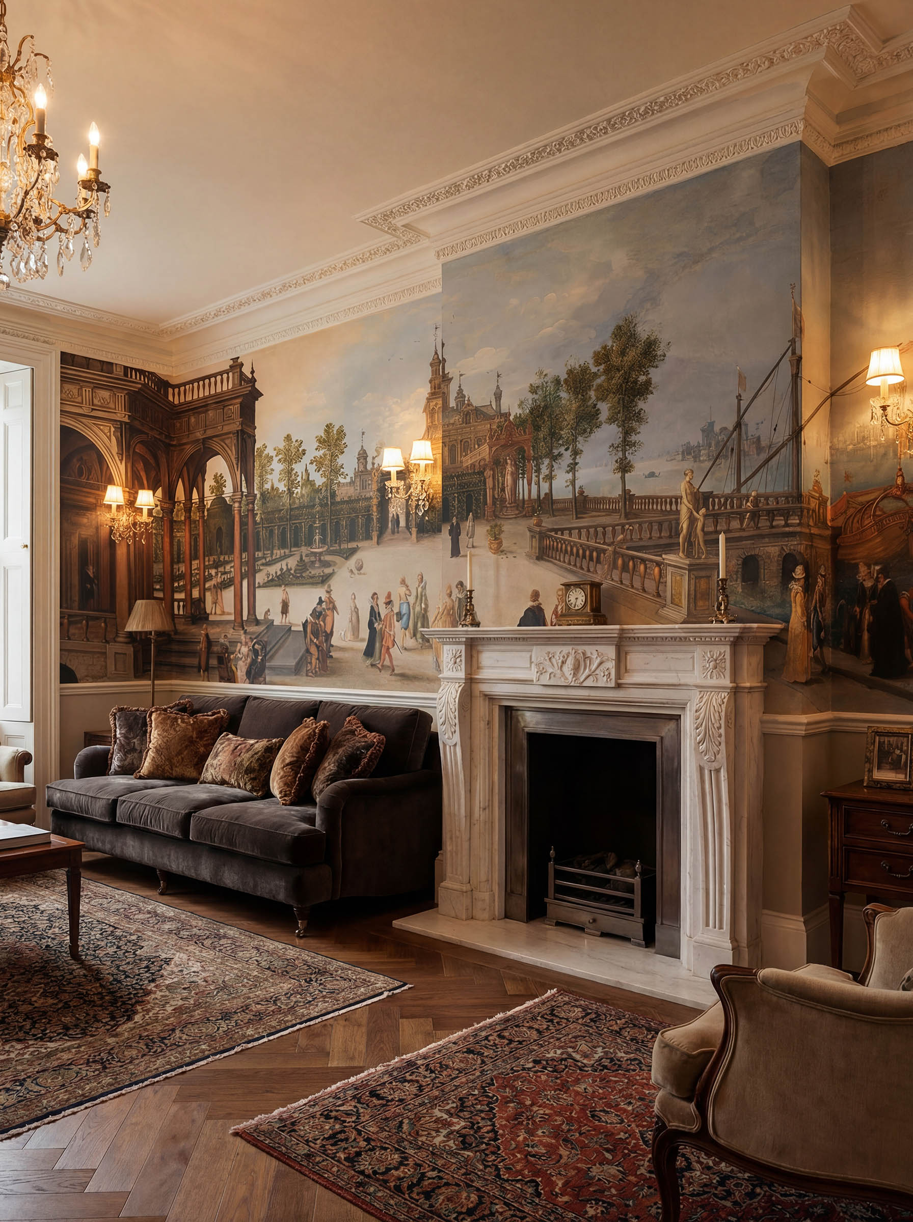 Musee | Venetian Soiree Wall Mural Musee custom wall mural featuring a digitally restored historical classical painting of an elegant dancing party in a Renaissance palace forecourt with a Capriccio view of Venice.