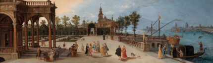 Musee custom wall mural featuring a digitally restored historical classical painting of an elegant dancing party in a Renaissance palace forecourt with a Capriccio view of Venice.