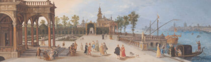 Musee custom wall mural featuring a digitally restored historical classical painting of an elegant dancing party in a Renaissance palace forecourt with a Capriccio view of Venice.