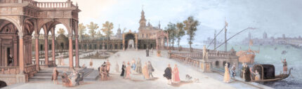 Musee custom wall mural featuring a digitally restored historical classical painting of an elegant dancing party in a Renaissance palace forecourt with a Capriccio view of Venice.