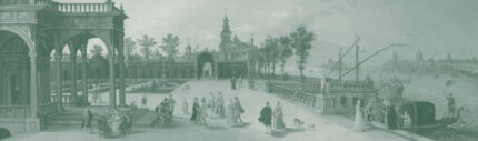 Musee custom wall mural featuring a digitally restored historical classical painting of an elegant dancing party in a Renaissance palace forecourt with a Capriccio view of Venice.