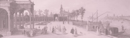 Musee custom wall mural featuring a digitally restored historical classical painting of an elegant dancing party in a Renaissance palace forecourt with a Capriccio view of Venice.