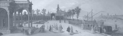 Musee custom wall mural featuring a digitally restored historical classical painting of an elegant dancing party in a Renaissance palace forecourt with a Capriccio view of Venice.
