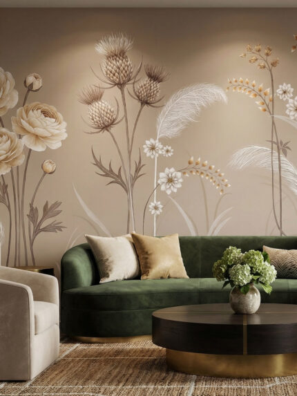 Musee custom botanical wallpaper featuring a delicate wildflower meadow with thistles, blooming flowers, and grasses growing from the bottom edge in a vintage illustration style.