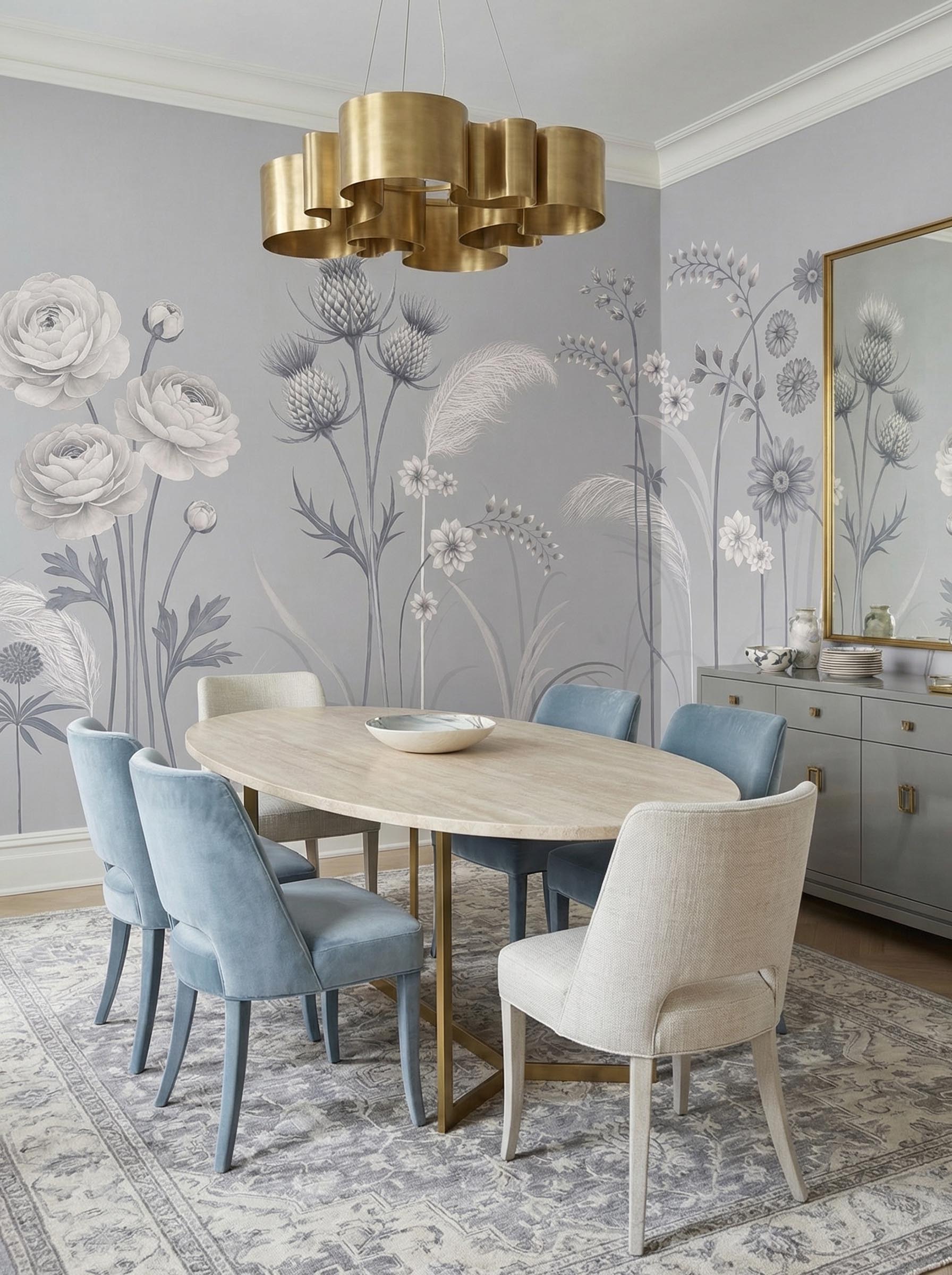 Musee | Meadow Whispers Wall Mural Musee custom botanical wallpaper featuring a delicate wildflower meadow with thistles, blooming flowers, and grasses growing from the bottom edge in a vintage illustration style.