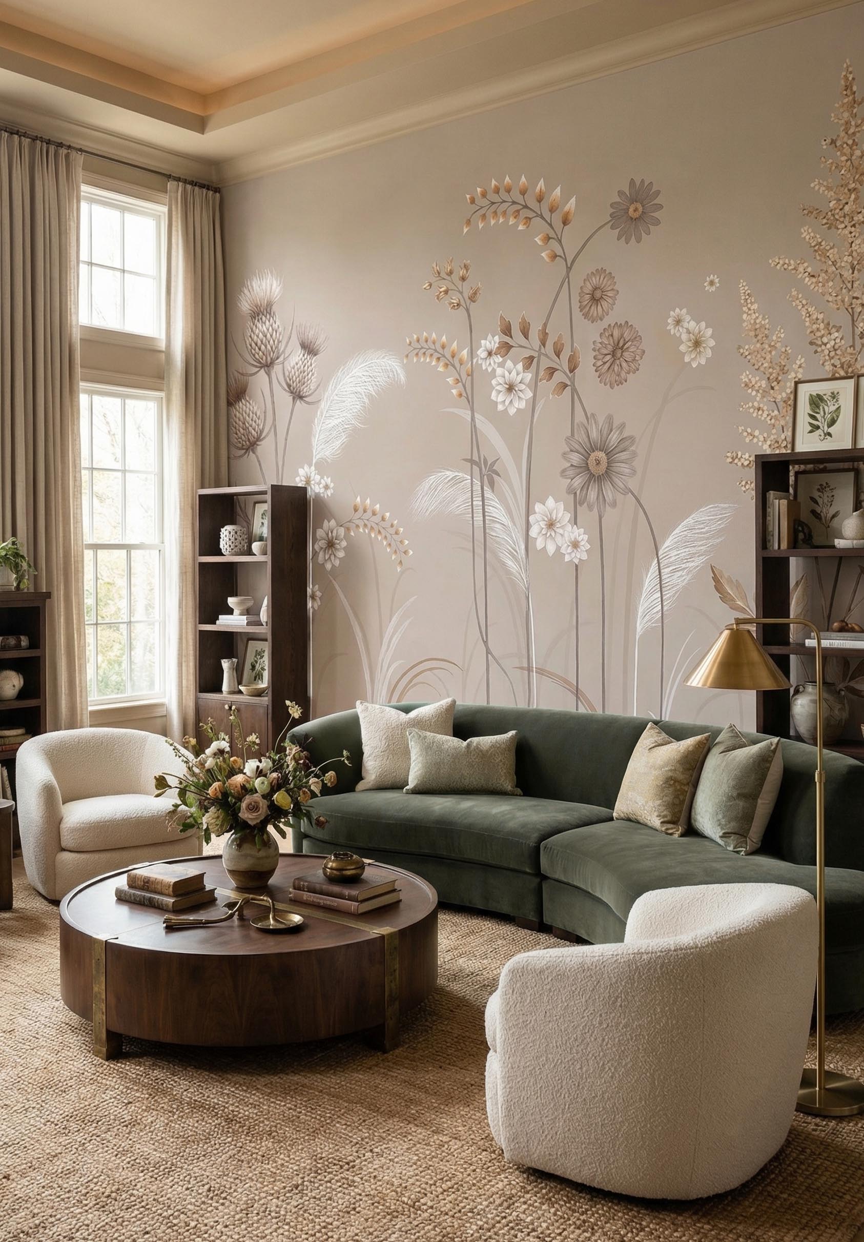 Musee | Meadow Whispers Wall Mural Musee custom botanical wallpaper featuring a delicate wildflower meadow with thistles, blooming flowers, and grasses growing from the bottom edge in a vintage illustration style.