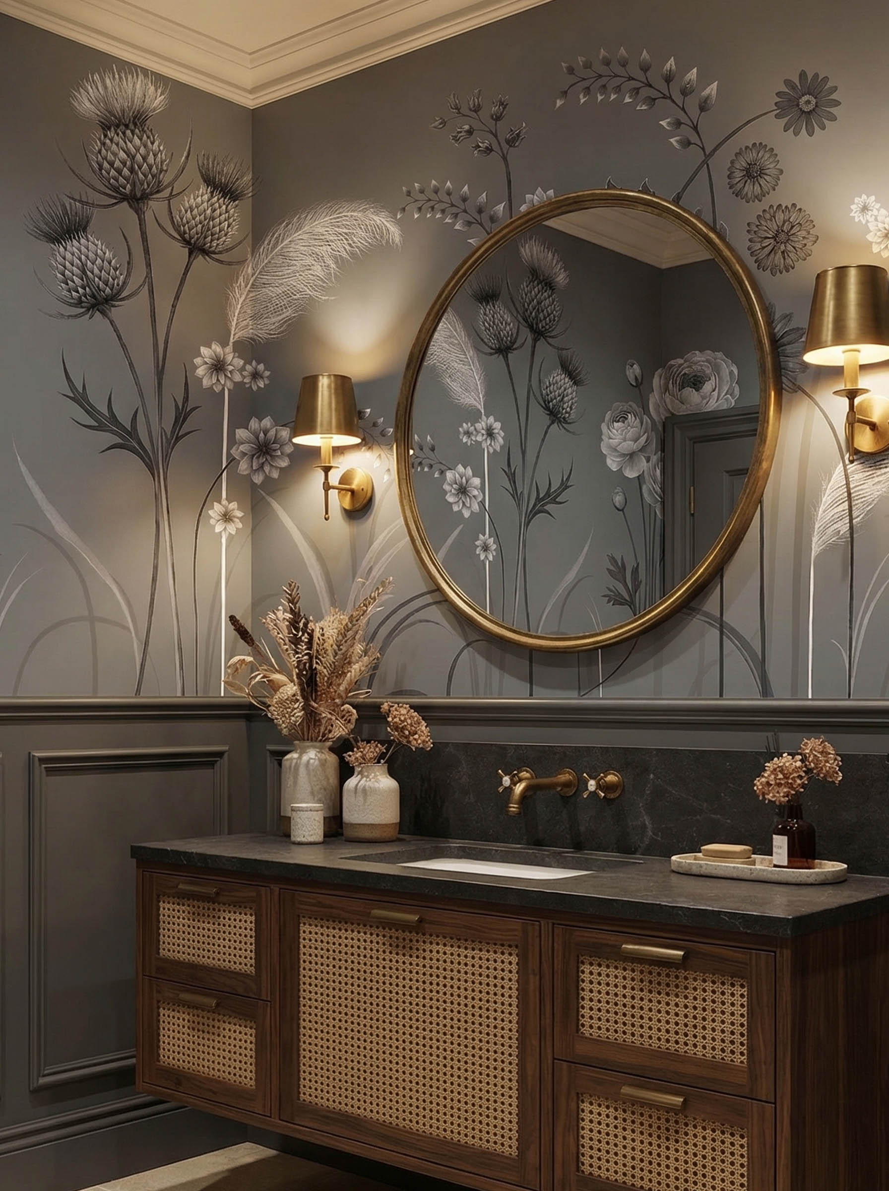 Musee | Meadow Whispers Wall Mural Musee custom botanical wallpaper featuring a delicate wildflower meadow with thistles, blooming flowers, and grasses growing from the bottom edge in a vintage illustration style.