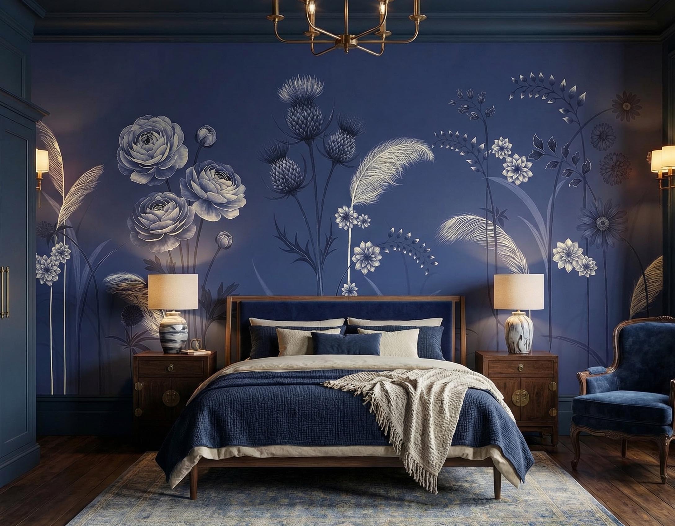 Musee | Meadow Whispers Wall Mural Musee custom botanical wallpaper featuring a delicate wildflower meadow with thistles, blooming flowers, and grasses growing from the bottom edge in a vintage illustration style.