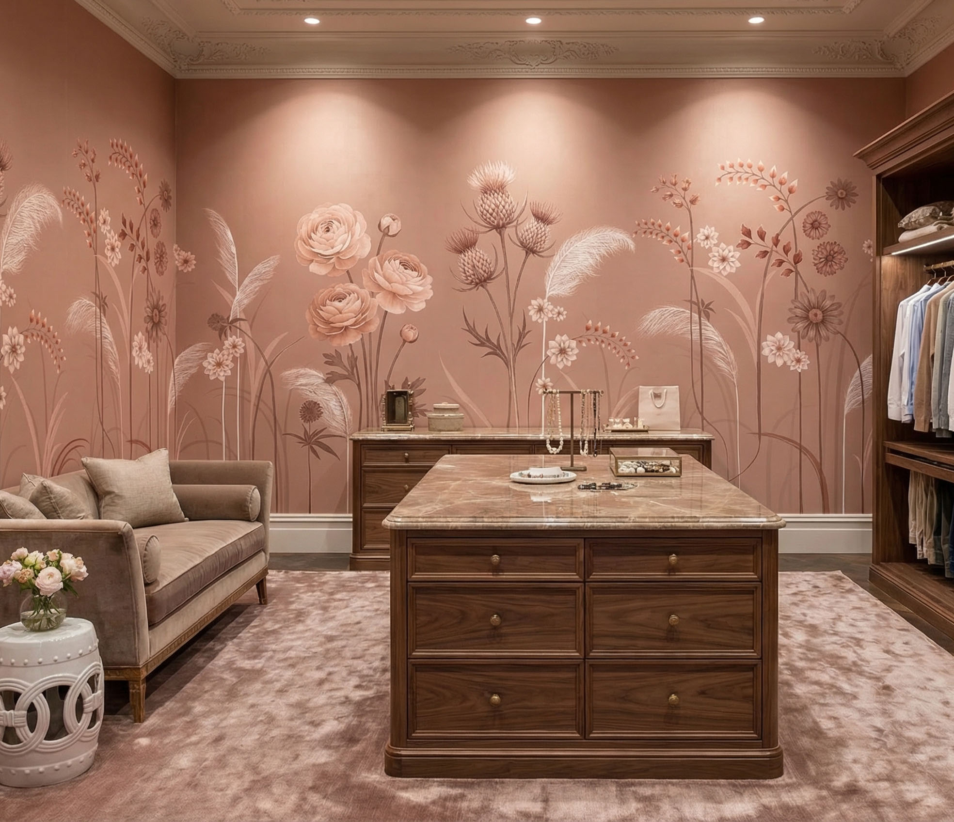 Musee | Meadow Whispers Wall Mural Musee custom botanical wallpaper featuring a delicate wildflower meadow with thistles, blooming flowers, and grasses growing from the bottom edge in a vintage illustration style.