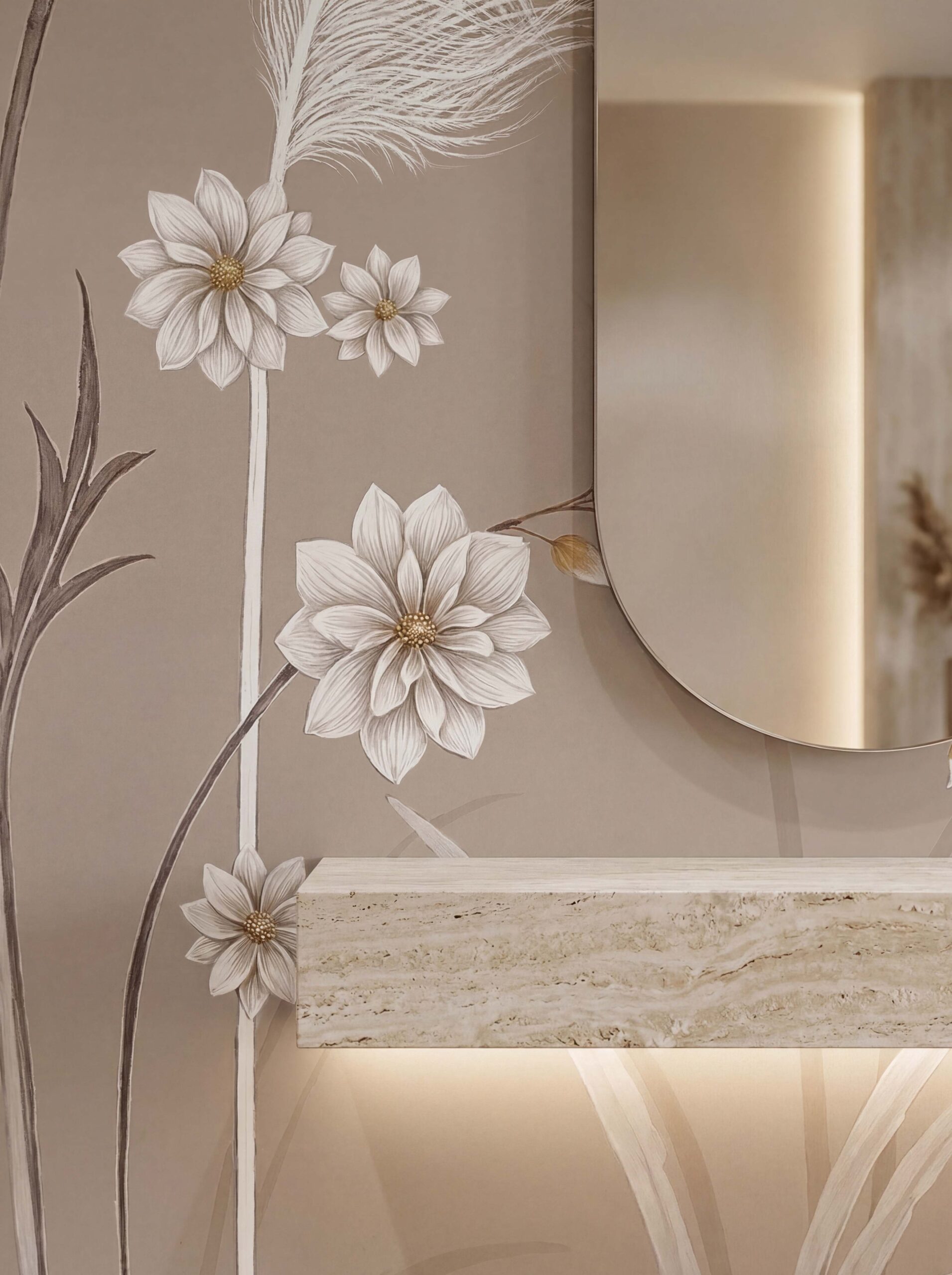 Musee | Meadow Whispers Wall Mural Musee custom botanical wallpaper featuring a delicate wildflower meadow with thistles, blooming flowers, and grasses growing from the bottom edge in a vintage illustration style.