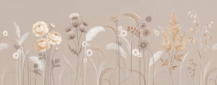 Musee custom botanical wallpaper featuring a delicate wildflower meadow with thistles, blooming flowers, and grasses growing from the bottom edge in a vintage illustration style.