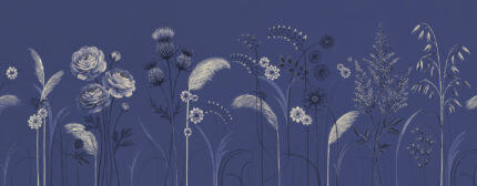 Musee custom botanical wallpaper featuring a delicate wildflower meadow with thistles, blooming flowers, and grasses growing from the bottom edge in a vintage illustration style.