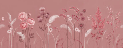 Musee custom botanical wallpaper featuring a delicate wildflower meadow with thistles, blooming flowers, and grasses growing from the bottom edge in a vintage illustration style.