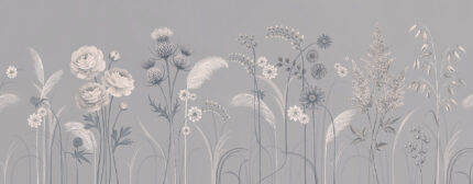 Musee custom botanical wallpaper featuring a delicate wildflower meadow with thistles, blooming flowers, and grasses growing from the bottom edge in a vintage illustration style.