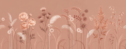 Musee custom botanical wallpaper featuring a delicate wildflower meadow with thistles, blooming flowers, and grasses growing from the bottom edge in a vintage illustration style.