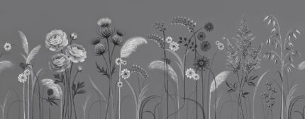 Musee custom botanical wallpaper featuring a delicate wildflower meadow with thistles, blooming flowers, and grasses growing from the bottom edge in a vintage illustration style.