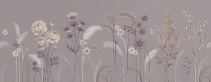 Musee custom botanical wallpaper featuring a delicate wildflower meadow with thistles, blooming flowers, and grasses growing from the bottom edge in a vintage illustration style.