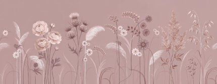 Musee custom botanical wallpaper featuring a delicate wildflower meadow with thistles, blooming flowers, and grasses growing from the bottom edge in a vintage illustration style.