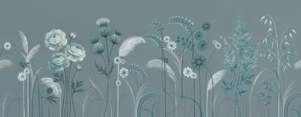 Musee custom botanical wallpaper featuring a delicate wildflower meadow with thistles, blooming flowers, and grasses growing from the bottom edge in a vintage illustration style.