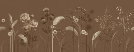 Musee custom botanical wallpaper featuring a delicate wildflower meadow with thistles, blooming flowers, and grasses growing from the bottom edge in a vintage illustration style.