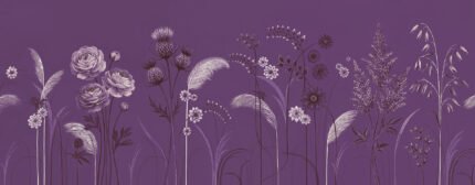 Musee custom botanical wallpaper featuring a delicate wildflower meadow with thistles, blooming flowers, and grasses growing from the bottom edge in a vintage illustration style.