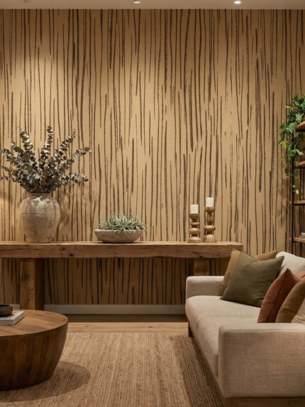 Musee custom minimalist wallpaper featuring dense, hand-drawn vertical lines resembling organic textures like woven grass or natural bark.