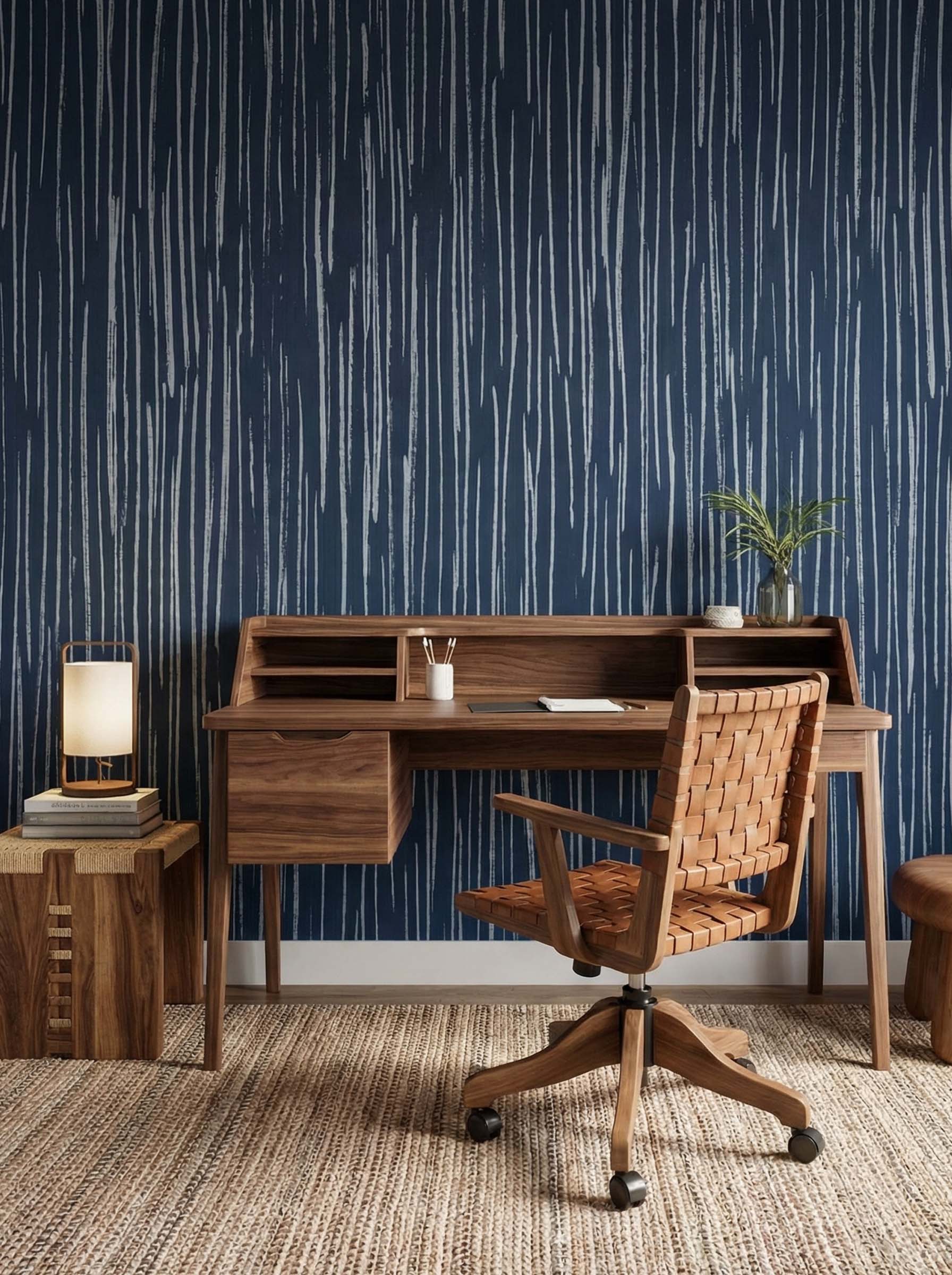 Musee | Tactile Threads Wall Mural Musee custom minimalist wallpaper featuring dense, hand-drawn vertical lines resembling organic textures like woven grass or natural bark.