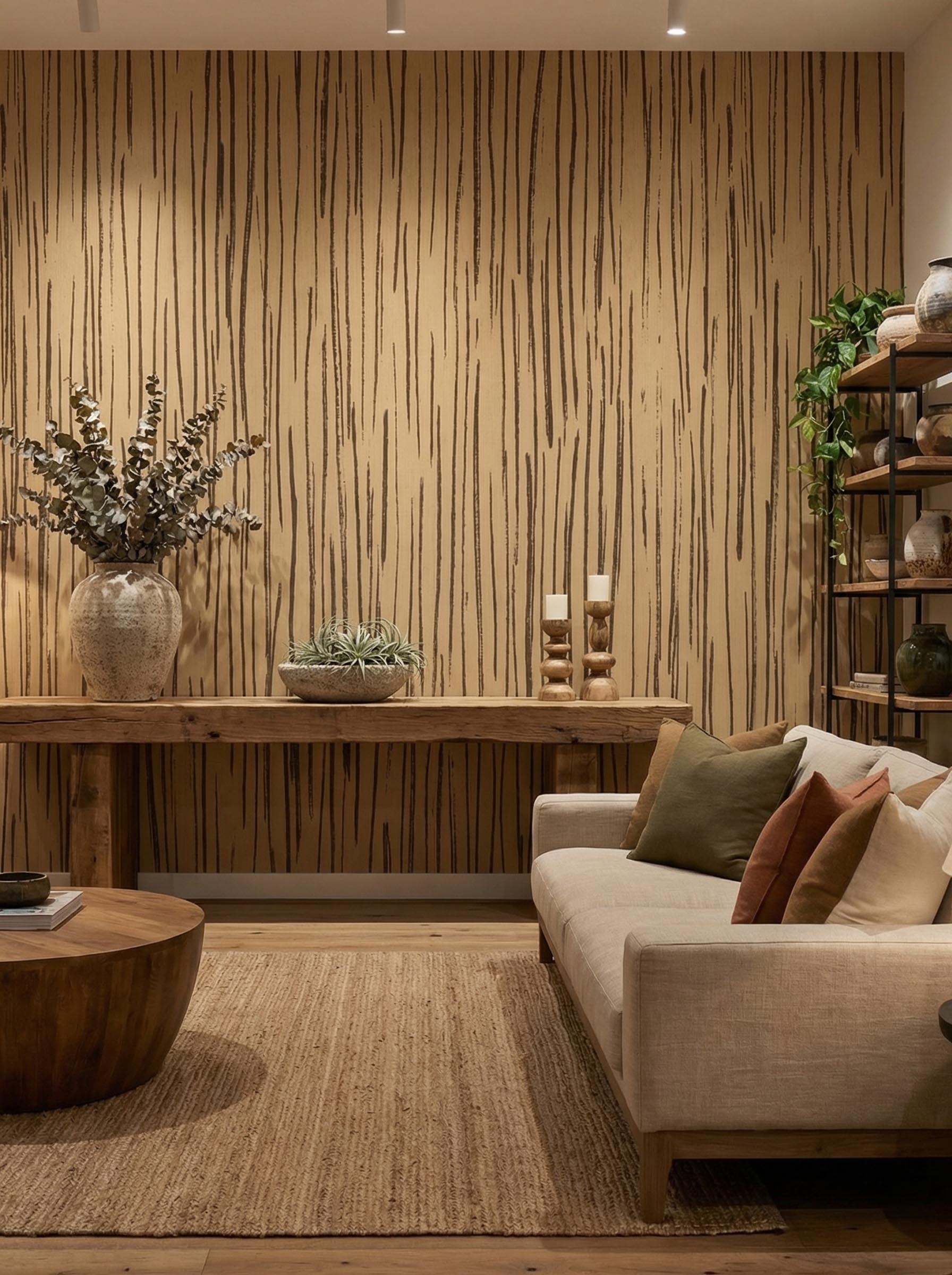Musee | Tactile Threads Wall Mural Musee custom minimalist wallpaper featuring dense, hand-drawn vertical lines resembling organic textures like woven grass or natural bark.