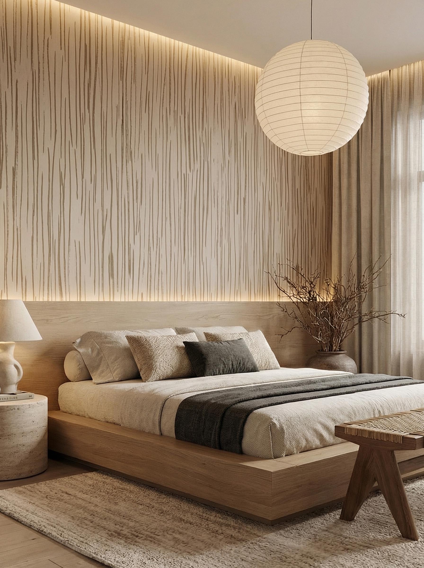 Musee | Tactile Threads Wall Mural Musee custom minimalist wallpaper featuring dense, hand-drawn vertical lines resembling organic textures like woven grass or natural bark.