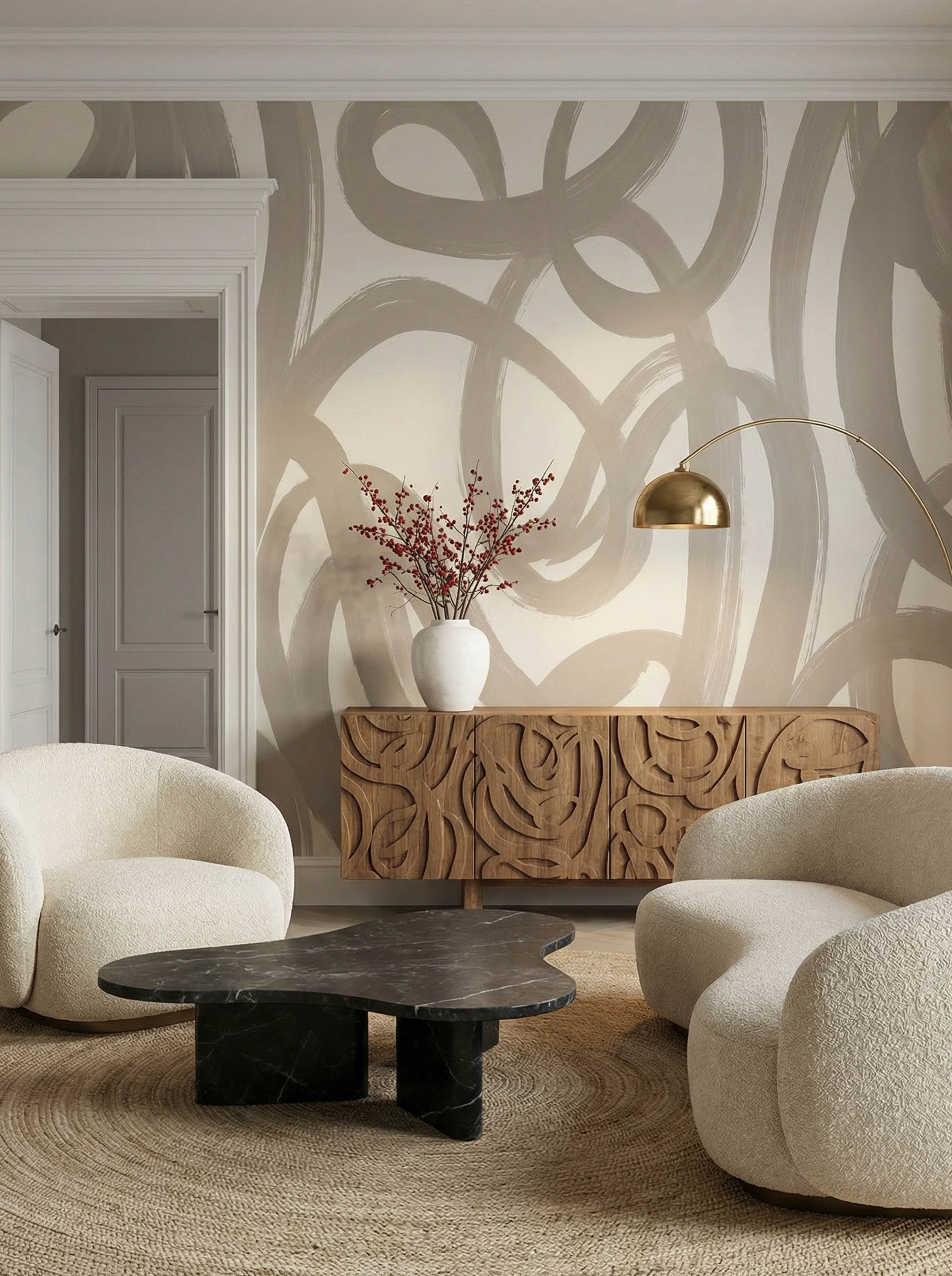 Musee | Fluid Strokes Wall Mural Musee custom wallpaper featuring a versatile, hand-painted check pattern with organic, slightly irregular overlapping lines.