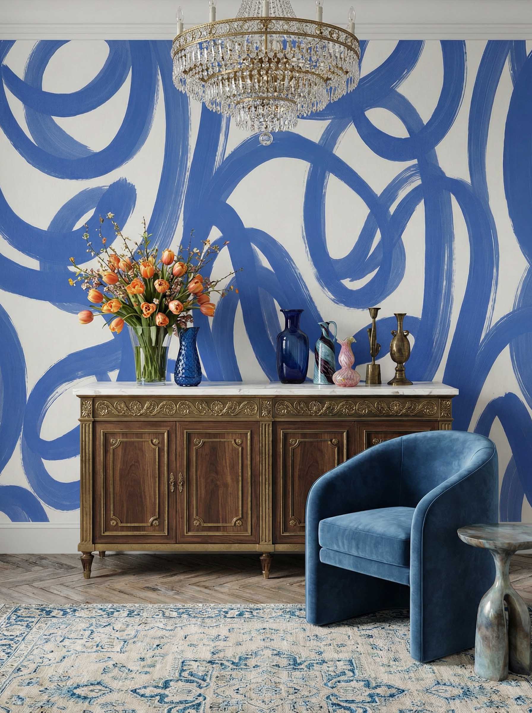 Musee | Fluid Strokes Wall Mural Musee custom wallpaper featuring a versatile, hand-painted check pattern with organic, slightly irregular overlapping lines.