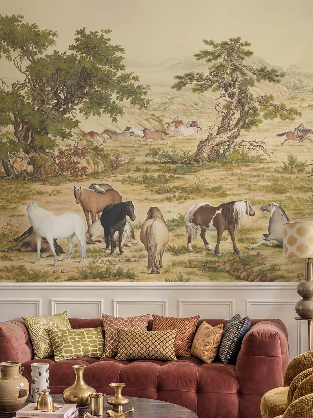 Z015 产品主图 Musee custom wall mural featuring a high-definition restoration of the classical Qing Dynasty painting One Hundred Horses by Giuseppe Castiglione, showing horses in a serene landscape.