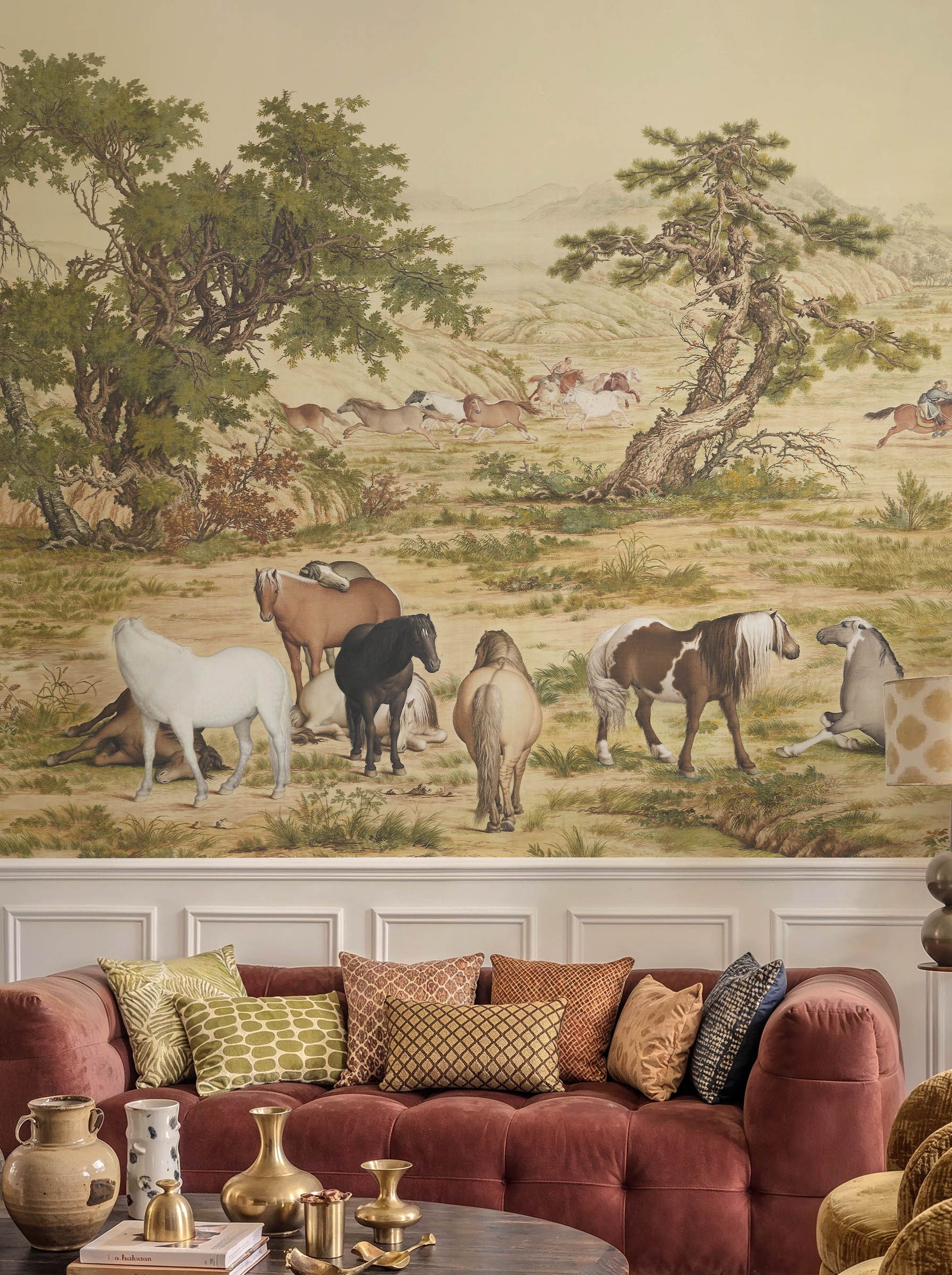 Musee | Imperial Pastures Wall Mural Musee custom wall mural featuring a high-definition restoration of the classical Qing Dynasty painting One Hundred Horses by Giuseppe Castiglione, showing horses in a serene landscape.
