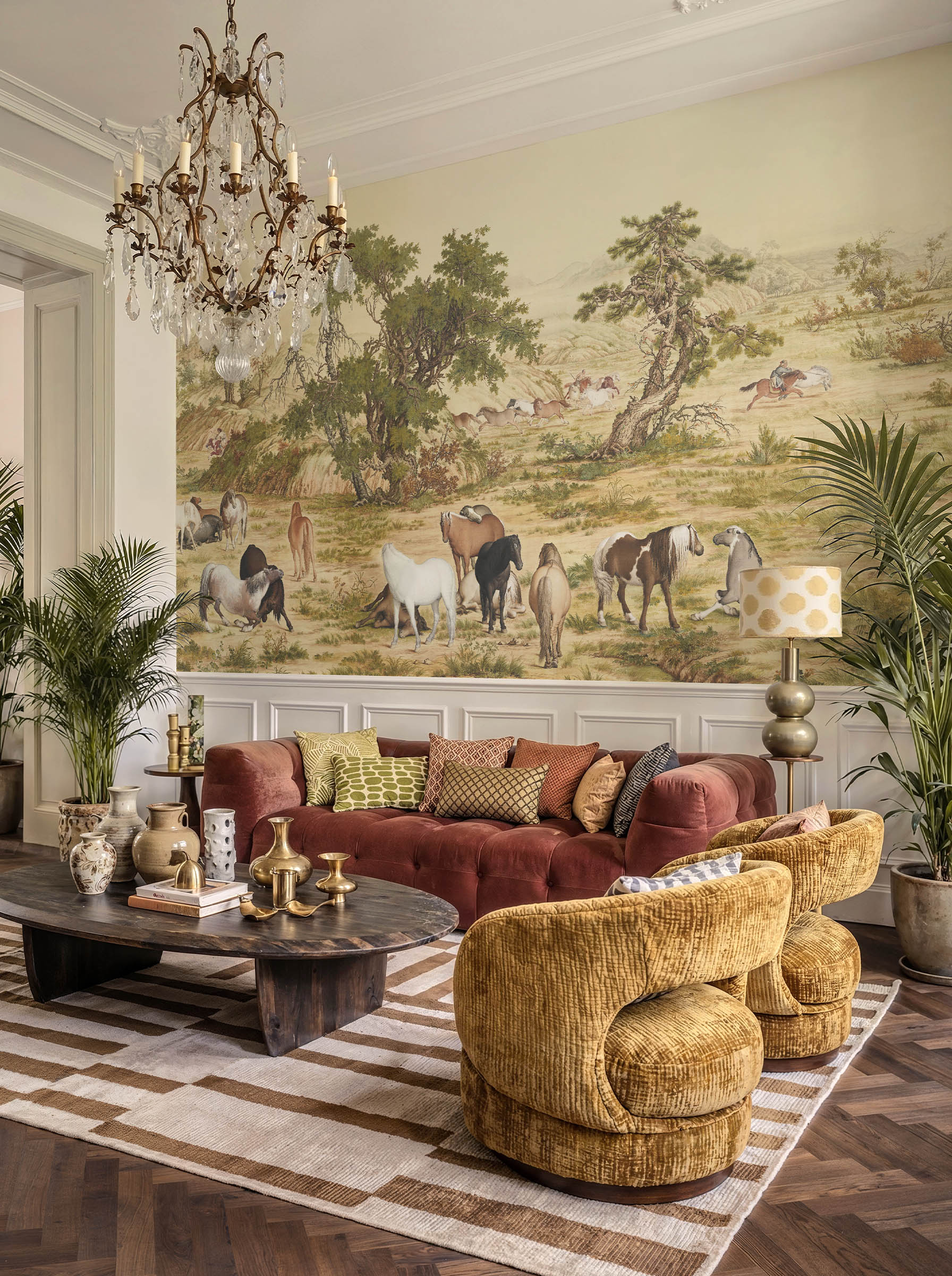 Musee | Imperial Pastures Wall Mural Musee custom wall mural featuring a high-definition restoration of the classical Qing Dynasty painting One Hundred Horses by Giuseppe Castiglione, showing horses in a serene landscape.