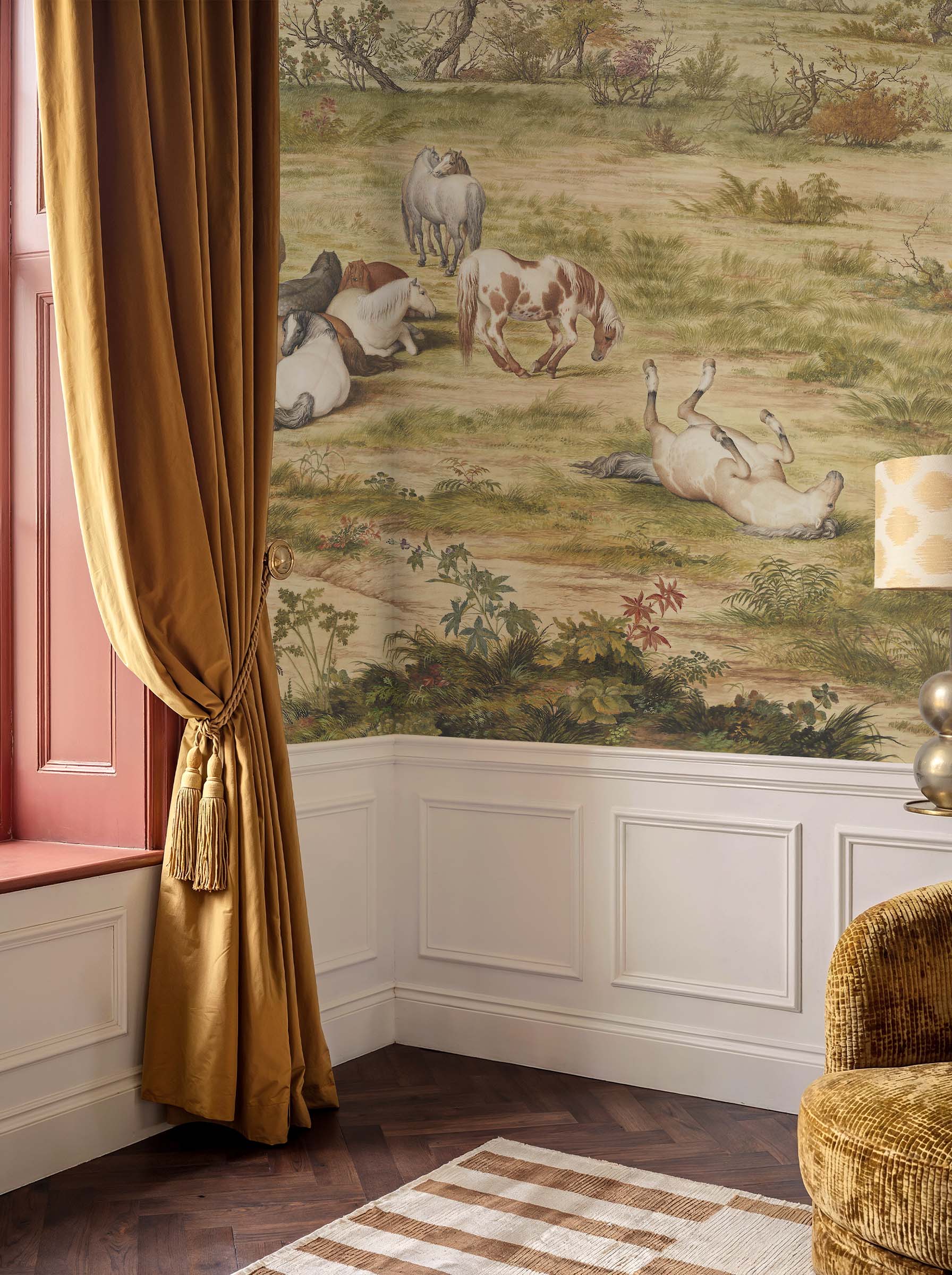 Musee | Imperial Pastures Wall Mural Musee custom wall mural featuring a high-definition restoration of the classical Qing Dynasty painting One Hundred Horses by Giuseppe Castiglione, showing horses in a serene landscape.
