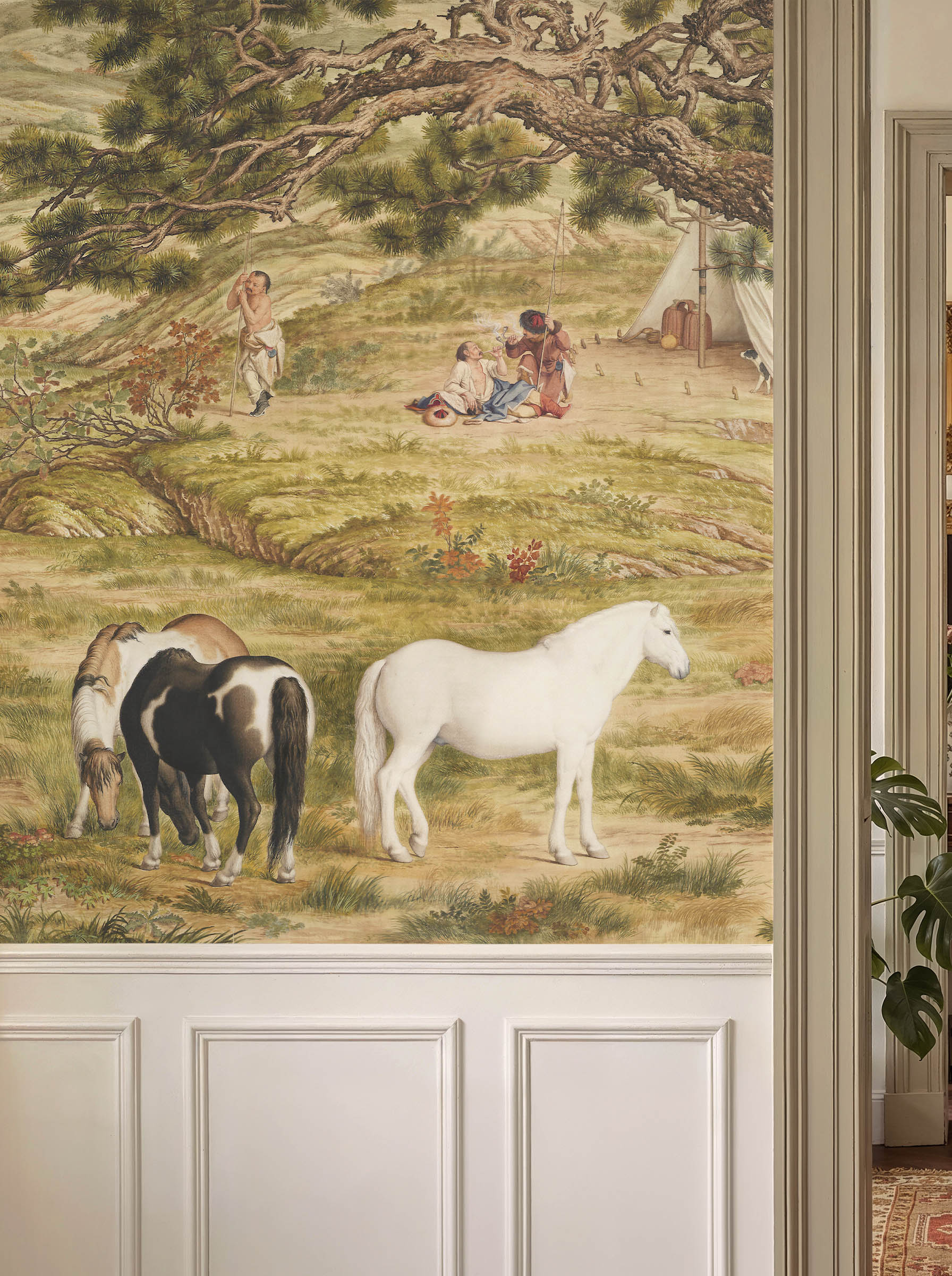 Musee | Imperial Pastures Wall Mural Musee custom wall mural featuring a high-definition restoration of the classical Qing Dynasty painting One Hundred Horses by Giuseppe Castiglione, showing horses in a serene landscape.